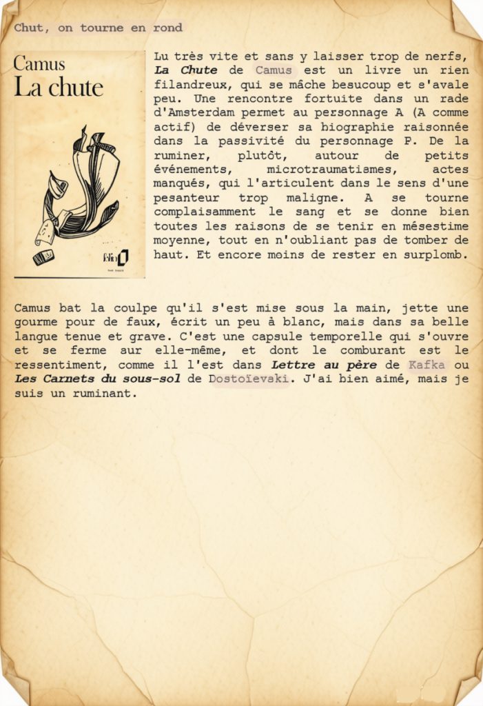 Lu très vite et sans y laisser trop de nerfs, La Chute de Camus est un livre un rien filandreux, qui se mâche beaucoup et s'avale peu. Une rencontre fortuite dans un rade d'Amsterdam permet au personnage A (A comme actif) de déverser sa biographie raisonnée dans la passivité du personnage P. De la ruminer, plutôt, autour de petits événements, microtraumatismes, actes manqués, qui l'articulent dans le sens d'une pesanteur trop maligne. A se tourne complaisamment le sang et se donne bien toutes les raisons de se tenir en mésestime moyenne, tout en n'oubliant pas de tomber de haut. Et encore moins de rester en surplomb.

Camus bat la coulpe qu'il s'est mise sous la main, jette une gourme pour de faux, écrit un peu à blanc, mais dans sa belle langue tenue et grave. C'est une capsule temporelle qui s'ouvre et se ferme sur elle-même, et dont le comburant est le ressentiment, comme il l'est dans Lettre au père de Kafka ou Les Carnets du sous-sol de Dostoïevski. J'ai bien aimé, mais je suis un ruminant.
