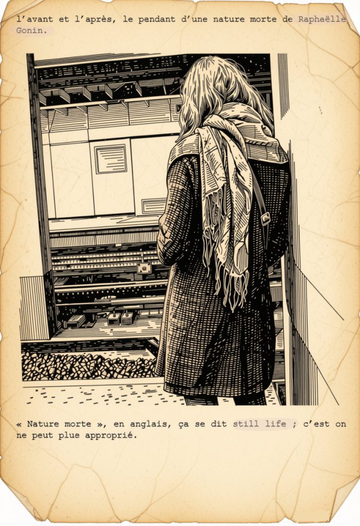 Dans tous les cas, l’esprit a pénétré l’objet à portée de main : une boîte à couture, une rangée de livres, un sac à main ouvert, un distributeur de sodas et de bombecs, comme on ferait d’un fétiche. Et il y a de la magie sorcière, de la prière, mais aussi du romanesque dans ses œuvres ; dans ses allées et ses montées d’escaliers, de façon évidente, lieux de passage d’un bout de vie à l’autre, territoires du fortuit et du croisement. Mais aussi dans les objets posés là, qu’elle ne saisit jamais dans quelque éternité immuable, mais toujours à un instant T, volé à un continuum et réinjecté dans un autre : l’imagination y passe. Il y a une pente naturelle à se refaire l’histoire, l’avant et l’après, le pendant d’une nature morte de Raphaëlle Gonin.
« Nature morte », en anglais, ça se dit still life ; c’est on ne peut plus approprié.

