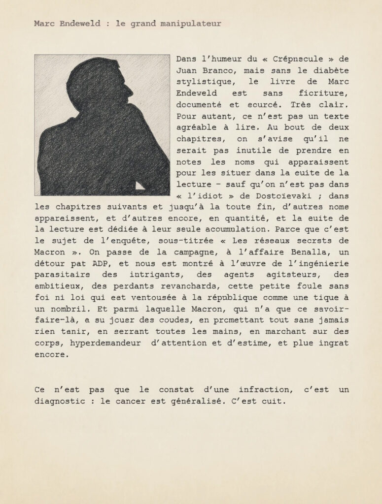 Marc Endeweld : le grand manipulateur

Dans l’humeur du « Crépuscule » de Juan Branco, mais sans le diabète stylistique, le livre de Marc Endeweld est sans fioriture, documenté et sourcé. Très clair. Pour autant, ce n’est pas un texte agréable à lire. Au bout de deux chapitres, on s’avise qu’il ne serait pas inutile de prendre en notes les noms qui apparaissent pour les situer dans la suite de la lecture – sauf qu’on n’est pas dans « l’idiot » de Dostoïevski ; dans les chapitres suivants et jusqu’à la toute fin, d’autres noms apparaissent, et d’autres encore, en quantité, et la suite de la lecture est dédiée à leur seule accumulation. Parce que c’est le sujet de l’enquête, sous-titrée « Les réseaux secrets de Macron ». On passe de la campagne, à l’affaire Benalla, un détour par ADP, et nous est montré à l’œuvre de l’ingénierie parasitaire des intrigants, des agents agitateurs, des ambitieux, des perdants revanchards, cette petite foule sans foi ni loi qui est ventousée à la république comme une tique à un nombril. Et parmi laquelle Macron, qui n’a que ce savoir-faire-là, a su jouer des coudes, en promettant tout sans jamais rien tenir, en serrant toutes les mains, en marchant sur des corps, hyperdemandeur  d’attention et d’estime, et plus ingrat encore.

Ce n’est pas que le constat d’une infraction, c’est un diagnostic : le cancer est généralisé. C’est cuit.
